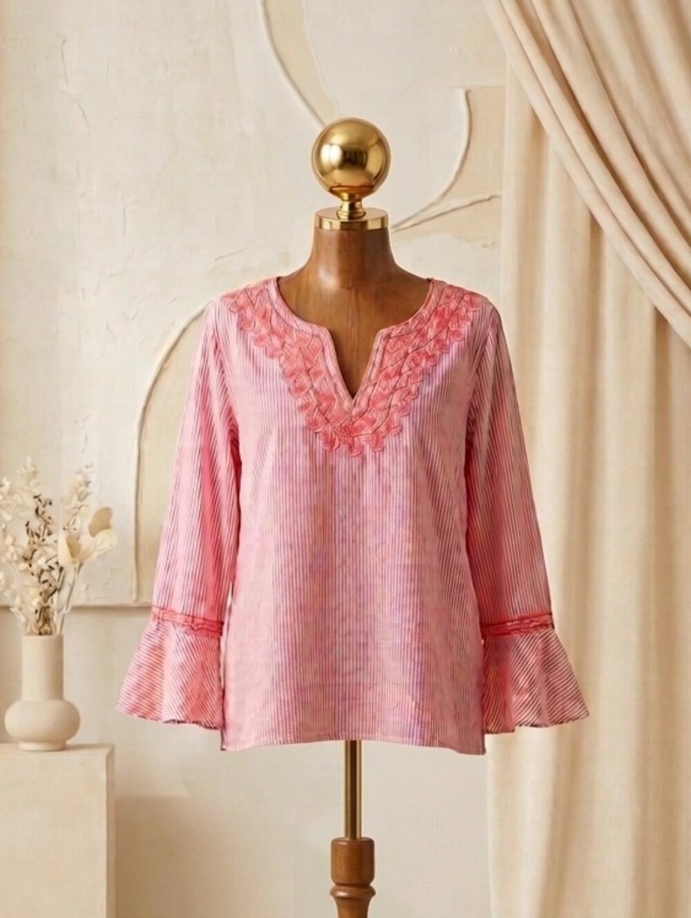 Crown & Ivy XL Pink & White Striped Embroidered Bell Sleeve Blouse